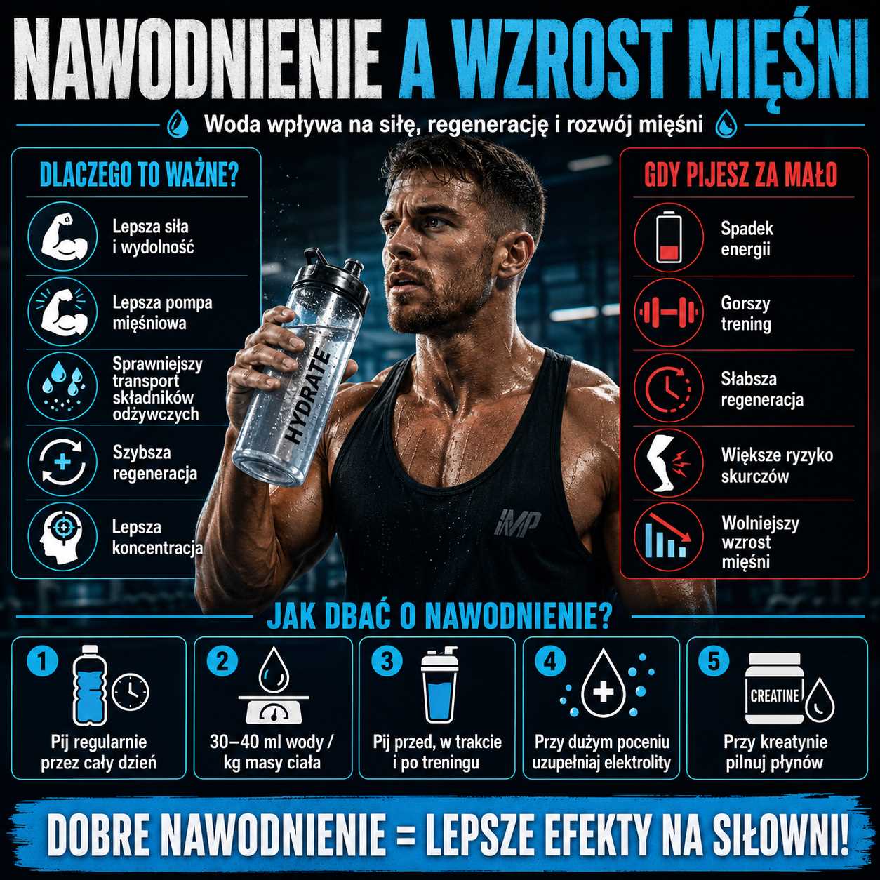 nawodnienie a wzrost mięśni, sportowiec na siłowni pijący wodę, grafika pokazująca wpływ nawodnienia na siłę, regenerację, pompę mięśniową i efekty treningowe