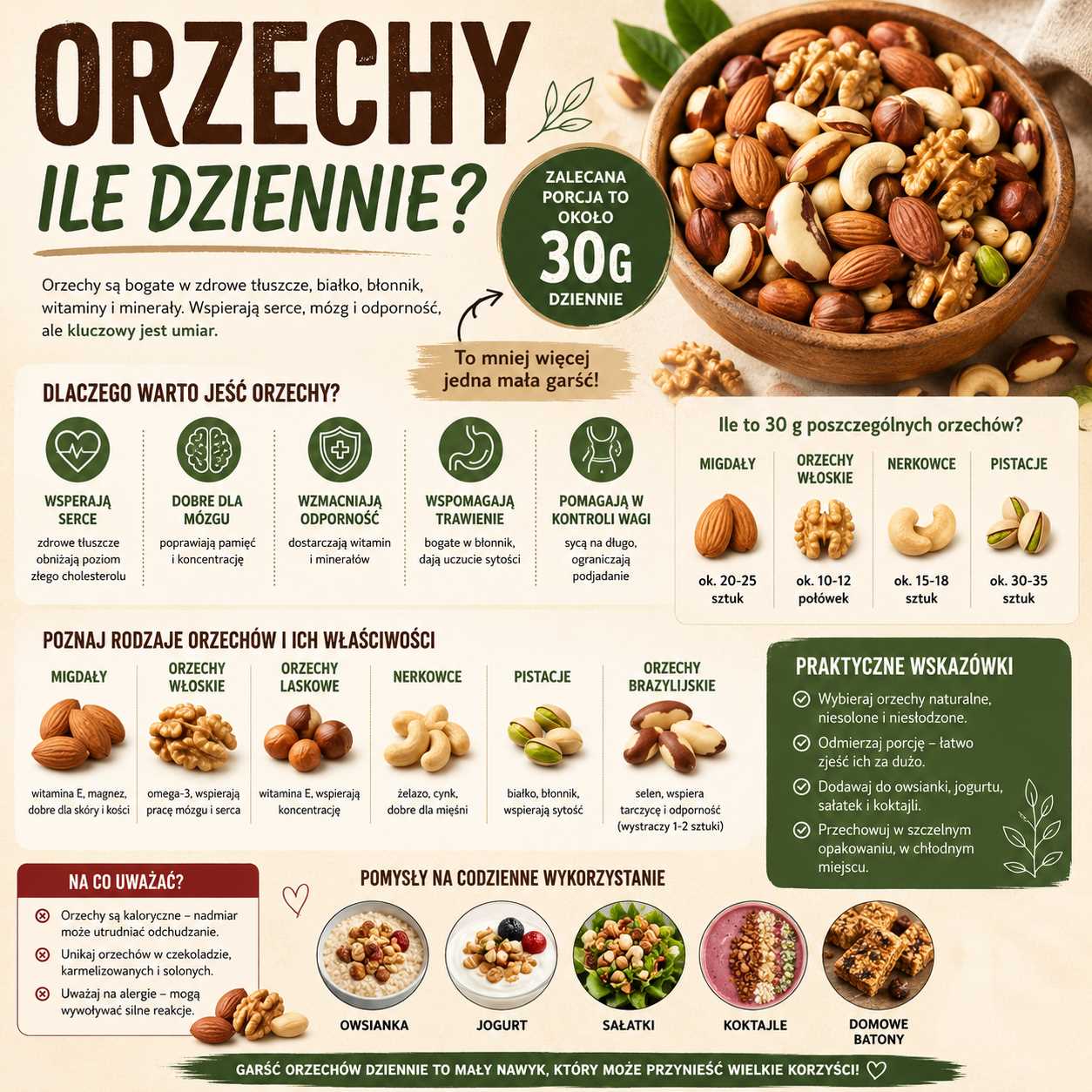 Infografika przedstawiająca orzechy w codziennej diecie, zalecaną porcję około 30 g dziennie oraz korzyści zdrowotne, takie jak wsparcie serca, mózgu, odporności, trawienia i kontroli wagi.