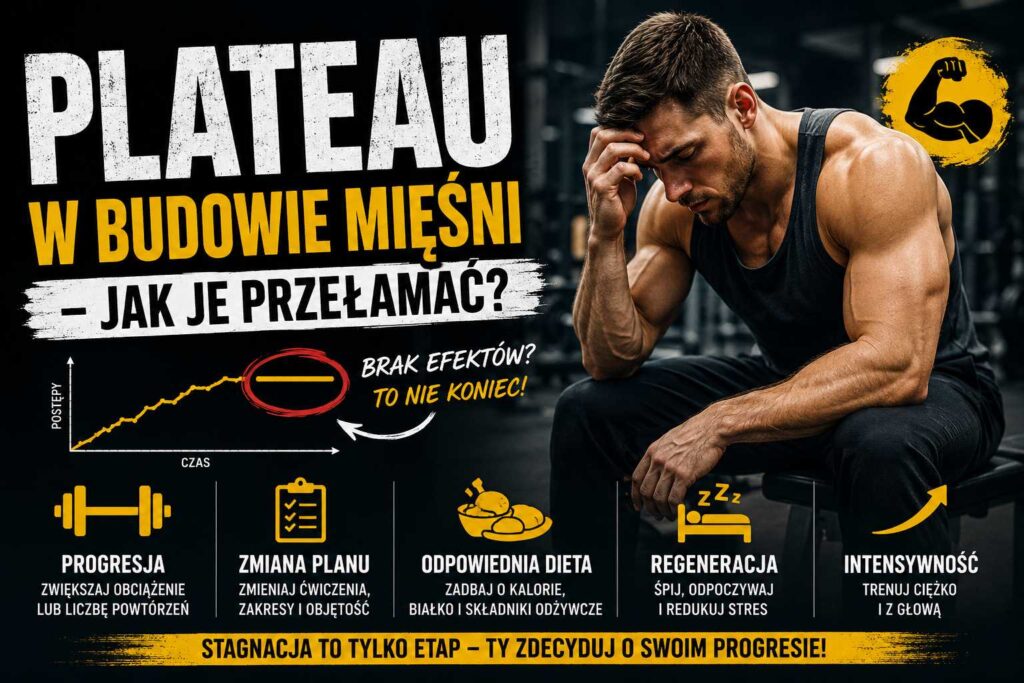 plateau w budowie mięśni – jak je przełamać? mężczyzna na siłowni analizuje brak progresu, grafika treningowa z poradami dotyczącymi diety, regeneracji i intensywności