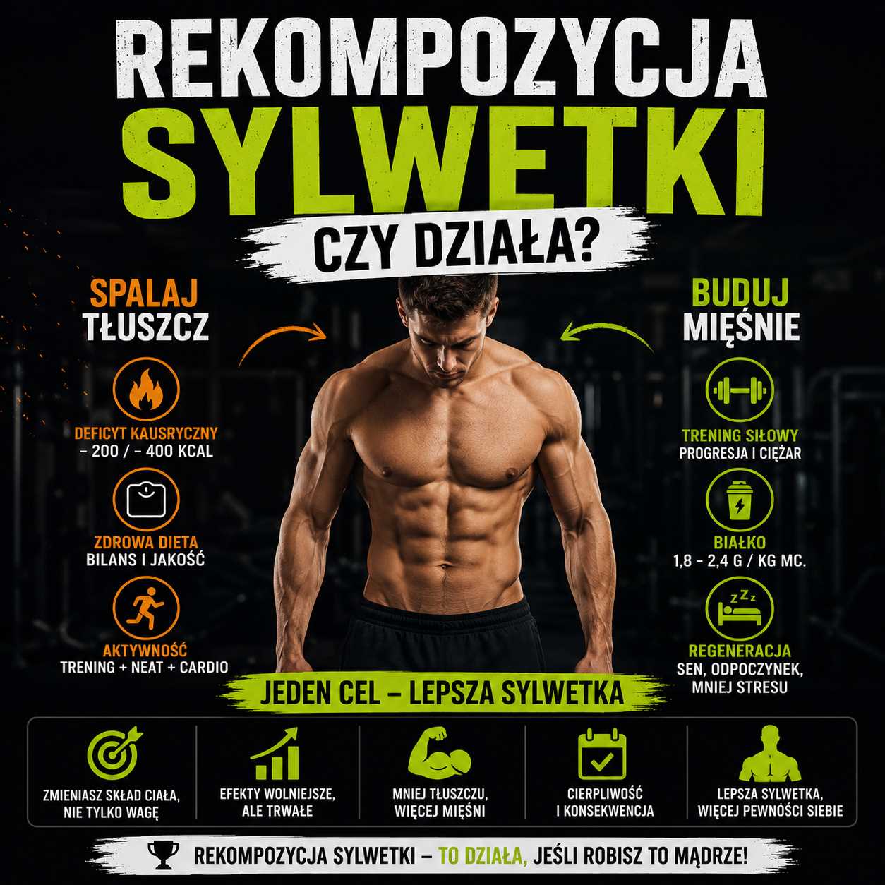 rekompozycja sylwetki czy działa, umięśniony mężczyzna na siłowni, grafika pokazująca spalanie tłuszczu i budowę mięśni, trening siłowy, dieta i regeneracja