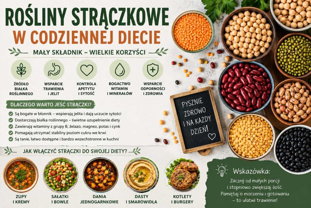 Infografika przedstawiająca rośliny strączkowe w codziennej diecie, pokazująca fasolę, soczewicę, ciecierzycę i groch jako źródło białka roślinnego, błonnika, witamin oraz minerałów.
