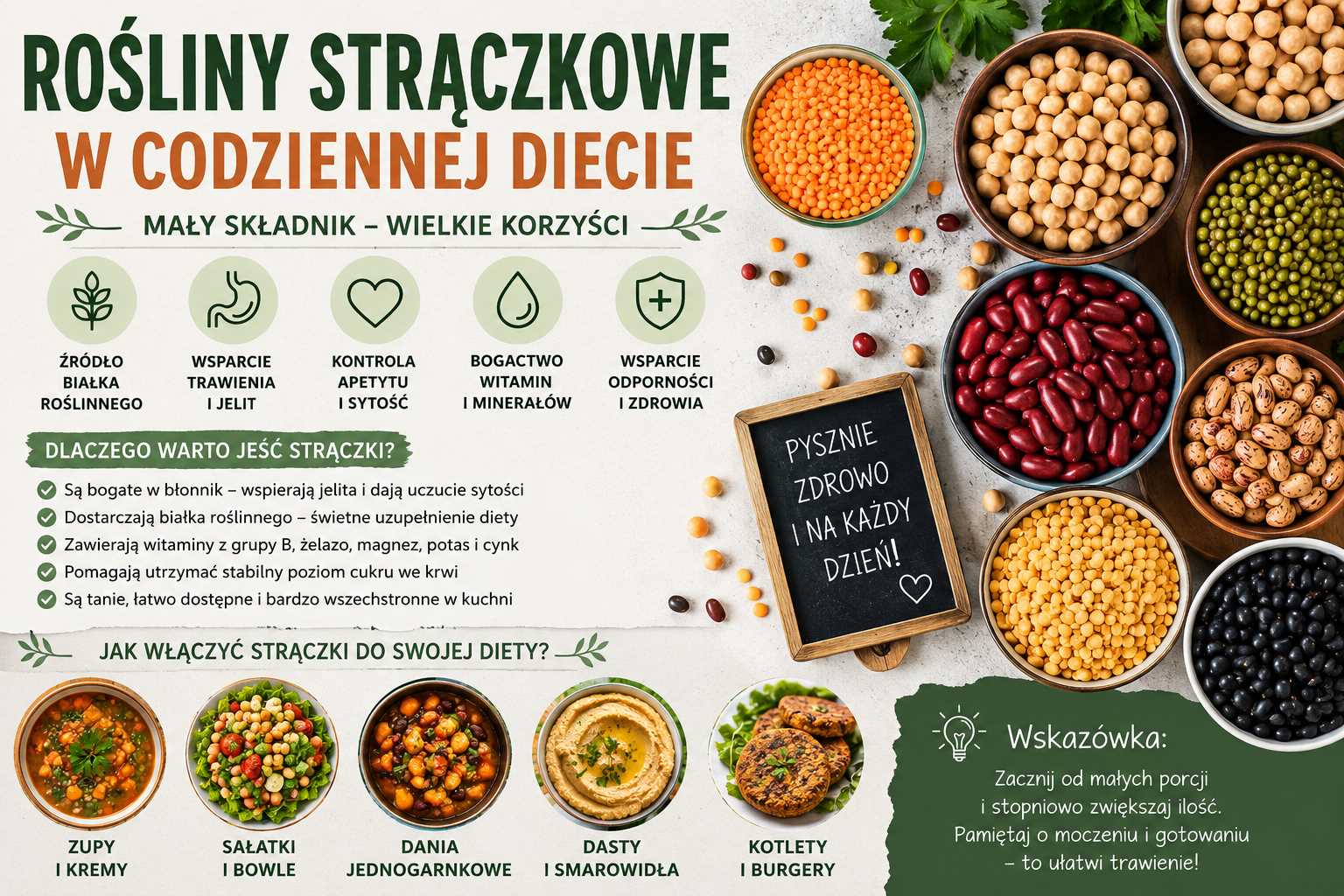 Infografika przedstawiająca rośliny strączkowe w codziennej diecie, pokazująca fasolę, soczewicę, ciecierzycę i groch jako źródło białka roślinnego, błonnika, witamin oraz minerałów.