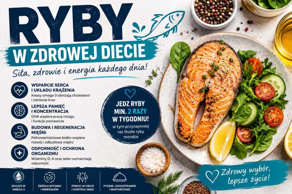 Infografika przedstawiająca ryby w zdrowej diecie, pokazująca łososia z dodatkami oraz korzyści zdrowotne takie jak wsparcie serca, mózgu i odporności dzięki kwasom omega-3
