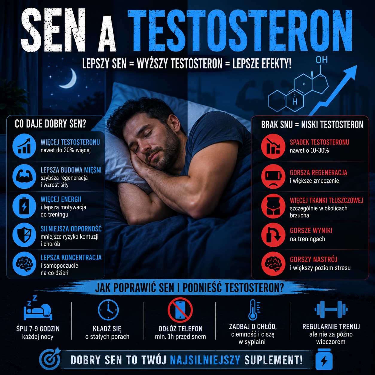 sen a testosteron, mężczyzna śpiący w łóżku, grafika pokazująca wpływ jakości snu na poziom testosteronu, regenerację, budowę mięśni i energię