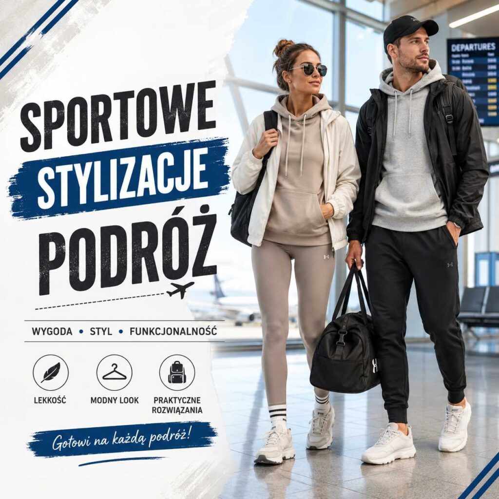 Sportowe stylizacje podróż – kobieta i mężczyzna w wygodnych ubraniach sportowych na lotnisku, z plecakami i torbą podróżną, gotowi na wyjazd.