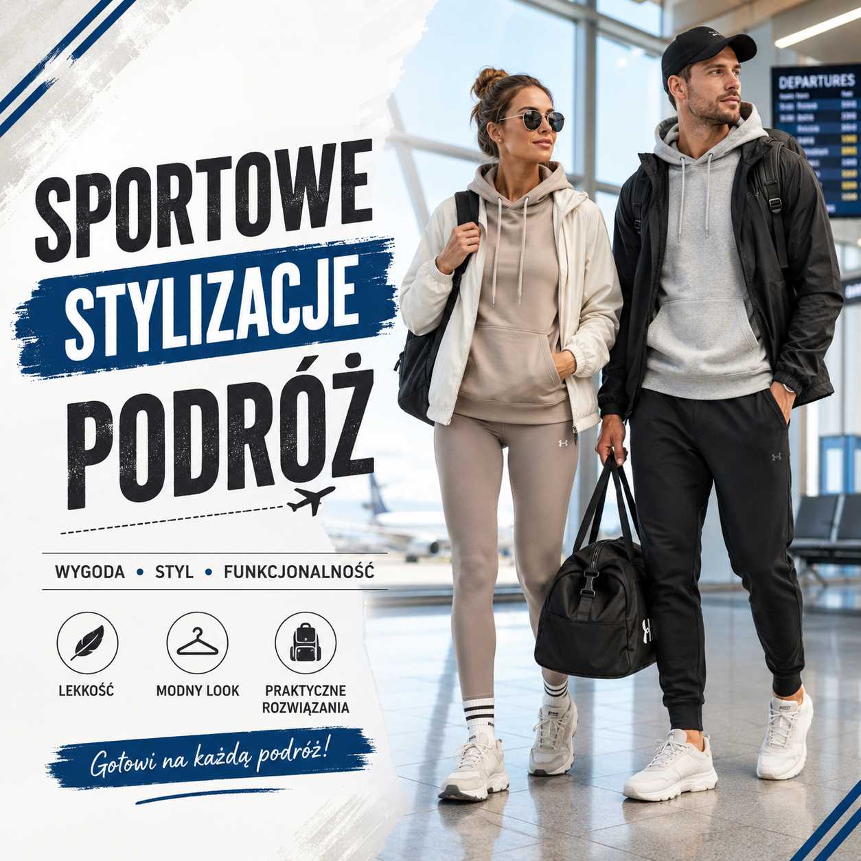 Sportowe stylizacje podróż – kobieta i mężczyzna w wygodnych ubraniach sportowych na lotnisku, z plecakami i torbą podróżną, gotowi na wyjazd.
