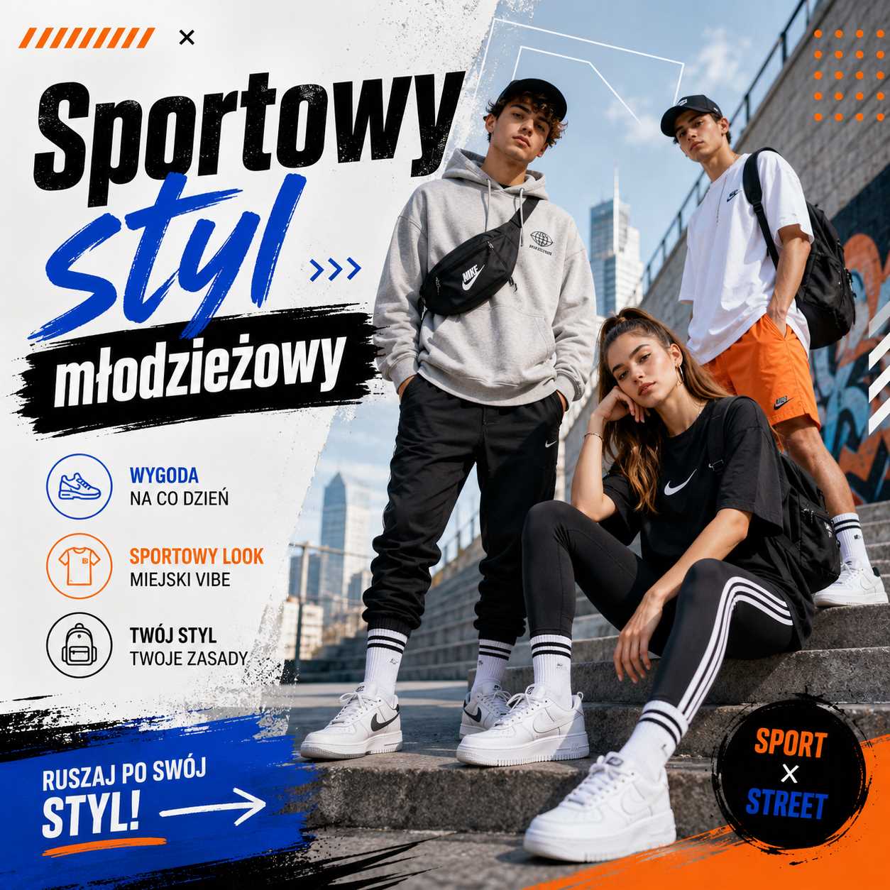 Sportowy styl młodzieżowy – młode osoby w modnej odzieży sportowej i streetwearowej, z bluzami, sneakersami, plecakami oraz miejskim lookiem na co dzień.