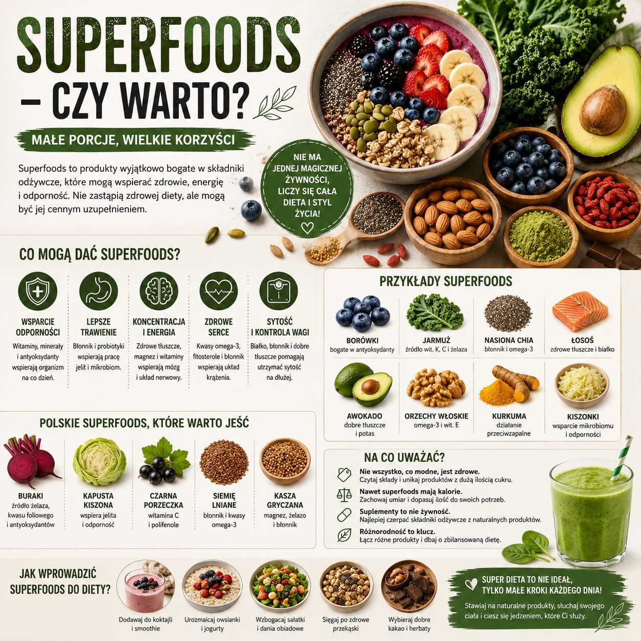 Infografika przedstawiająca superfoods w zdrowej diecie, pokazująca borówki, jarmuż, nasiona chia, łososia, awokado, orzechy, kurkumę, kiszonki i polskie produkty bogate w składniki odżywcze.