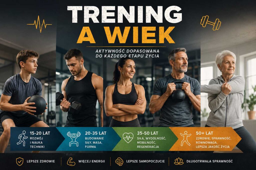 Trening dopasowany do wieku – osoby w różnym wieku ćwiczą na siłowni, pokazując aktywność fizyczną od młodości po seniorów