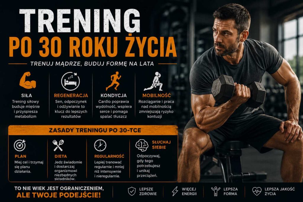 Trening po 30 roku życia – mężczyzna wykonuje ćwiczenia siłowe na siłowni, a grafika pokazuje zasady treningu, regeneracji i mobilności po trzydziestce