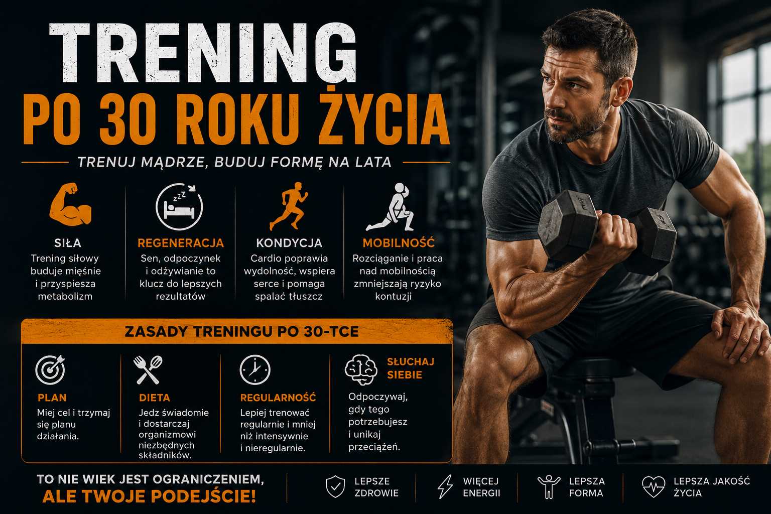 Trening po 30 roku życia – mężczyzna wykonuje ćwiczenia siłowe na siłowni, a grafika pokazuje zasady treningu, regeneracji i mobilności po trzydziestce
