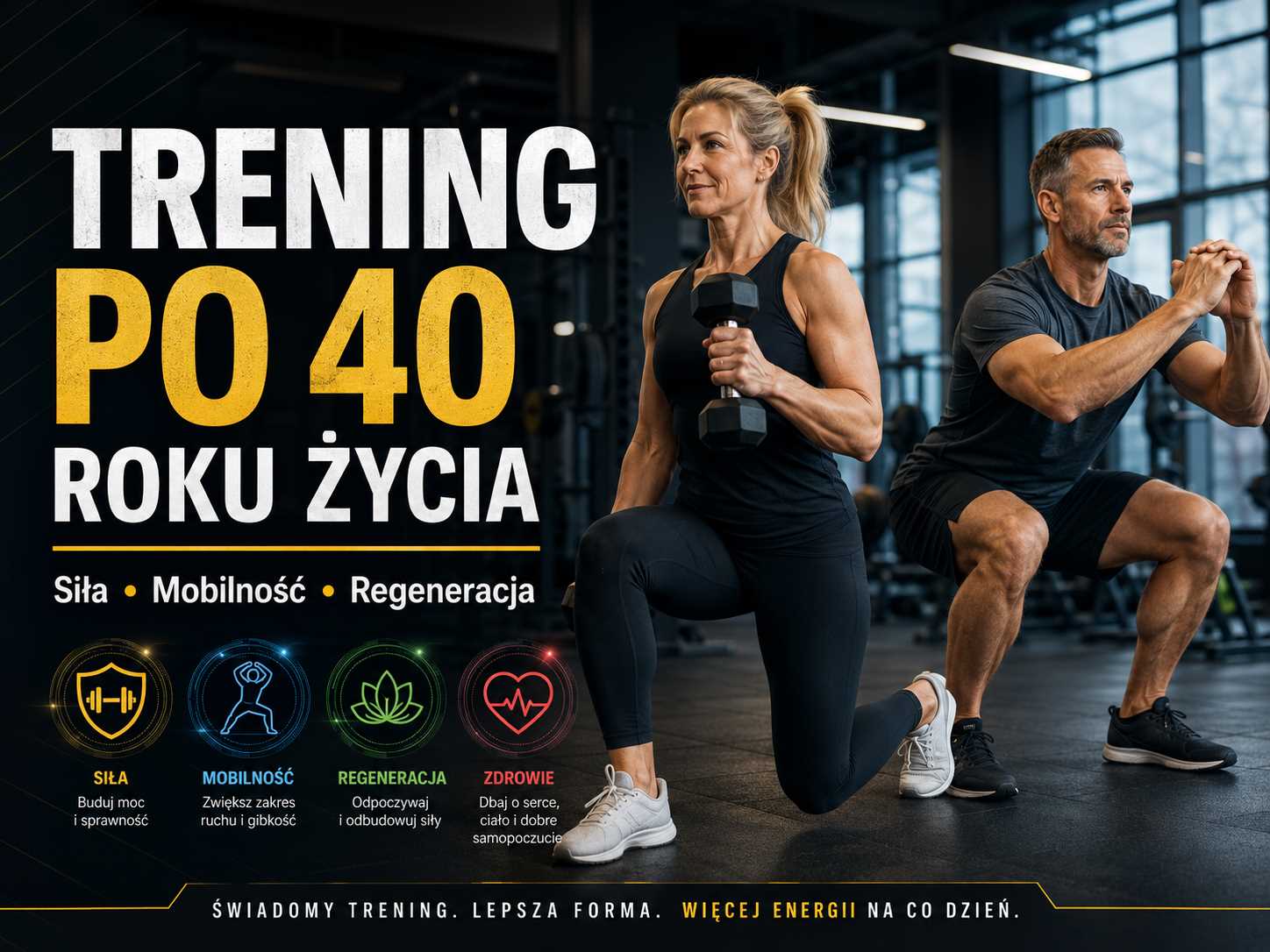 Trening po 40 roku życia – kobieta i mężczyzna ćwiczą na siłowni, rozwijając siłę, mobilność i sprawność fizyczną.