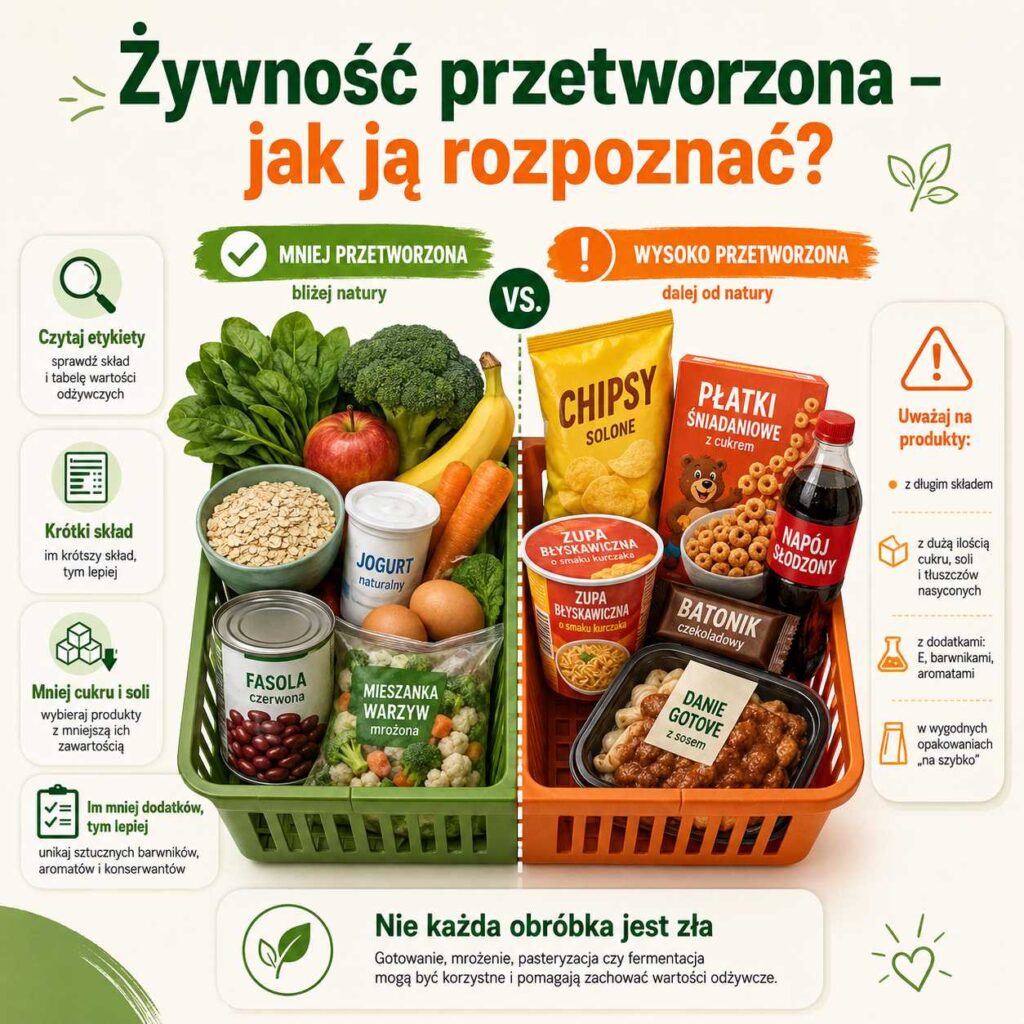 Infografika pokazująca, jak rozpoznać żywność przetworzoną, porównująca koszyk z produktami mniej przetworzonymi i wysoko przetworzonymi oraz wskazówki dotyczące czytania etykiet.