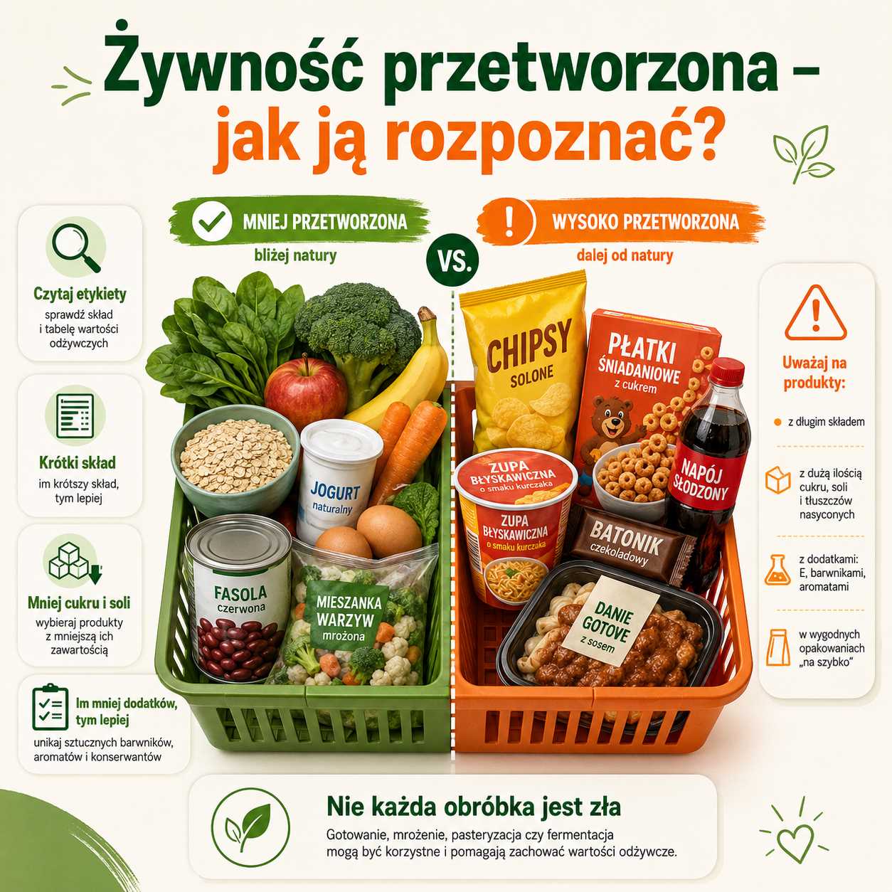 Infografika pokazująca, jak rozpoznać żywność przetworzoną, porównująca koszyk z produktami mniej przetworzonymi i wysoko przetworzonymi oraz wskazówki dotyczące czytania etykiet.