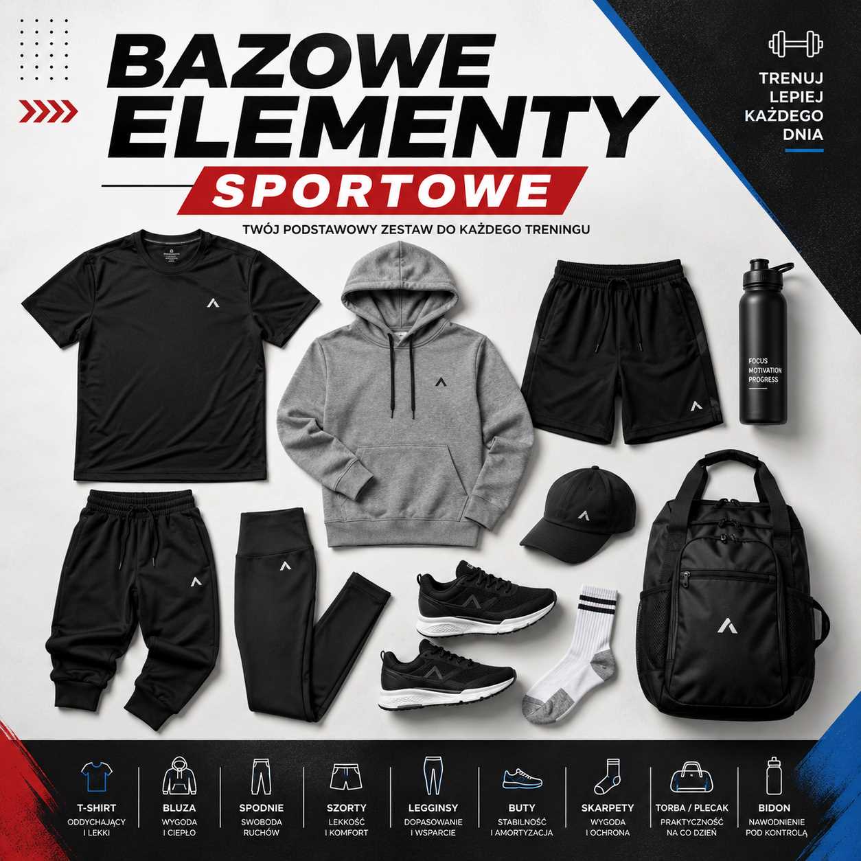 Bazowe elementy sportowe – koszulka, bluza, spodnie, spodenki, legginsy, buty, skarpety, plecak i bidon jako podstawowy zestaw treningowy.