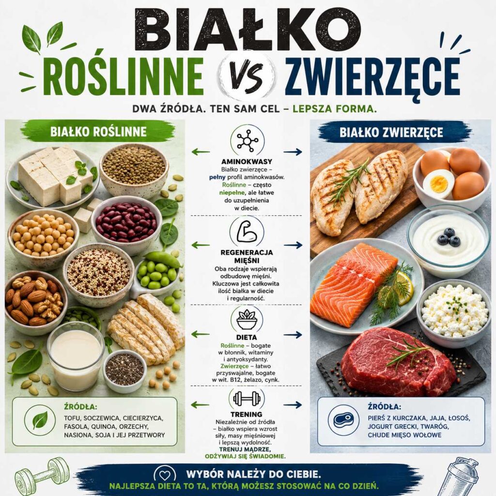 białko roślinne vs zwierzęce, grafika porównująca źródła białka w diecie, tofu, soczewicę, ciecierzycę, fasolę i orzechy oraz kurczaka, jaja, łososia, jogurt grecki, twaróg i wołowinę dla treningu, regeneracji i budowy mięśni