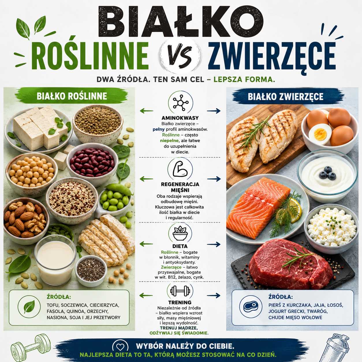 białko roślinne vs zwierzęce, grafika porównująca źródła białka w diecie, tofu, soczewicę, ciecierzycę, fasolę i orzechy oraz kurczaka, jaja, łososia, jogurt grecki, twaróg i wołowinę dla treningu, regeneracji i budowy mięśni