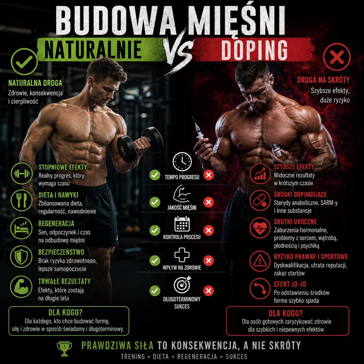 budowa mięśni naturalnie vs doping, porównanie naturalnego treningu i ryzykownej drogi na skróty, grafika pokazująca dietę, regenerację, zdrowie, skutki uboczne i długoterminowe efekty sylwetkowe