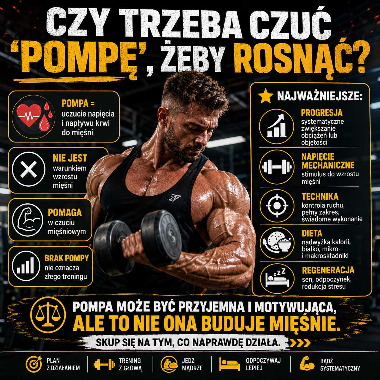 czy trzeba czuć pompę żeby rosnąć, sportowiec ćwiczący z hantlem na siłowni, grafika pokazująca, że pompa mięśniowa nie jest konieczna do wzrostu mięśni, a ważniejsze są progresja, technika, dieta i regeneracja