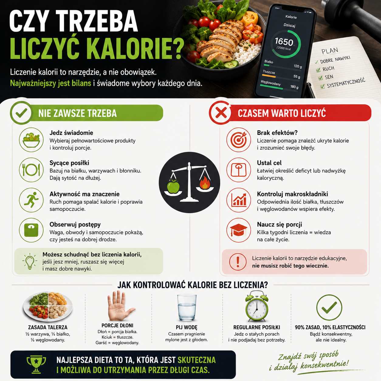 Infografika wyjaśniająca, czy trzeba liczyć kalorie, pokazująca zalety i wady liczenia, kontrolę porcji, bilans energetyczny oraz sposoby odchudzania bez codziennego zapisywania kalorii.