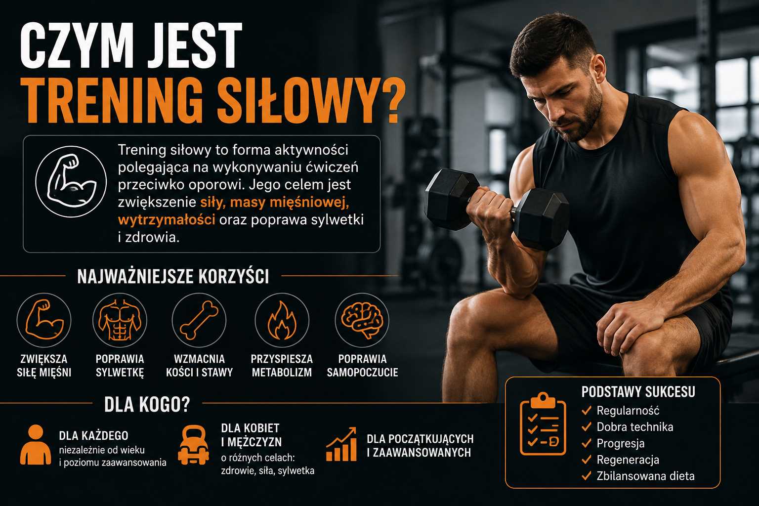 Czym jest trening siłowy – mężczyzna ćwiczy z hantlami na siłowni, a grafika pokazuje korzyści, podstawy ćwiczeń oporowych i zasady skutecznego treningu.