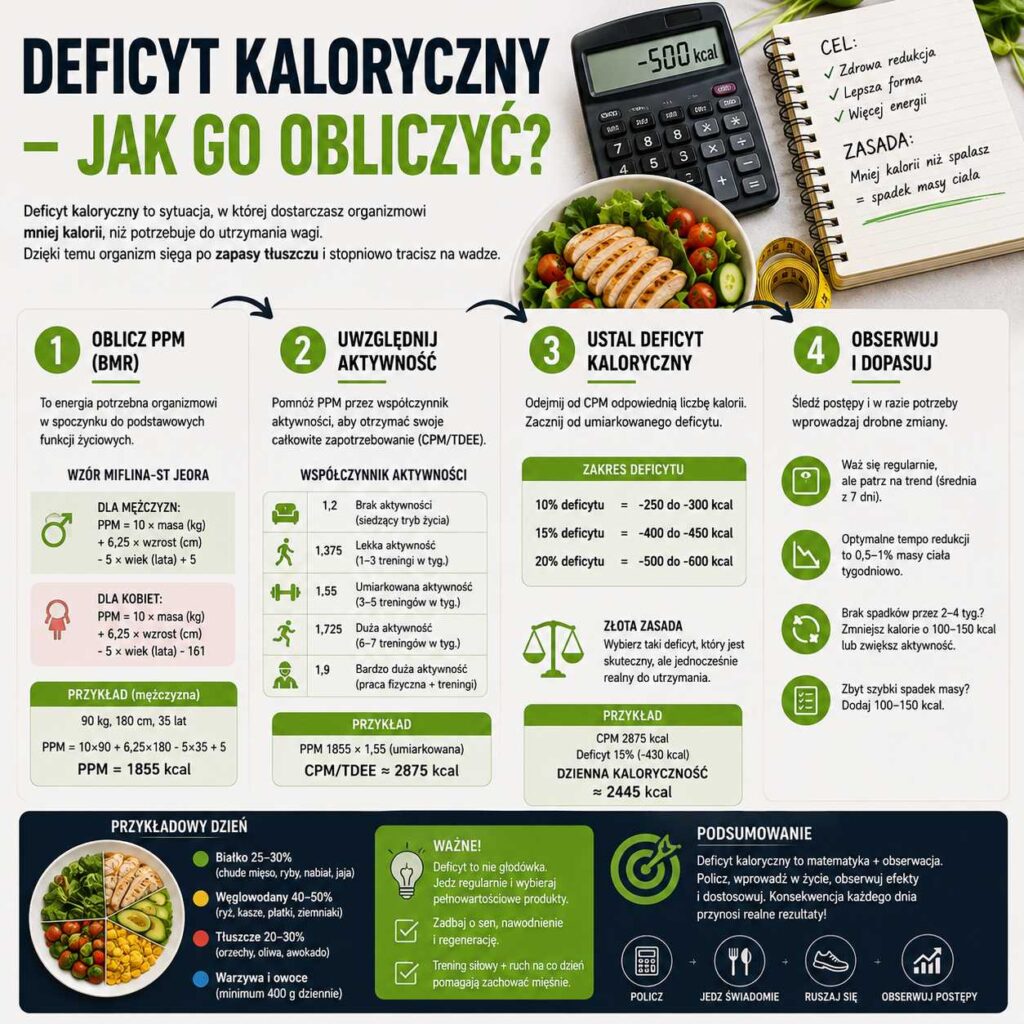 Infografika pokazująca, jak obliczyć deficyt kaloryczny na podstawie PPM, aktywności i TDEE oraz jak dobrać kaloryczność diety, monitorować postępy i bezpiecznie prowadzić redukcję masy ciała.