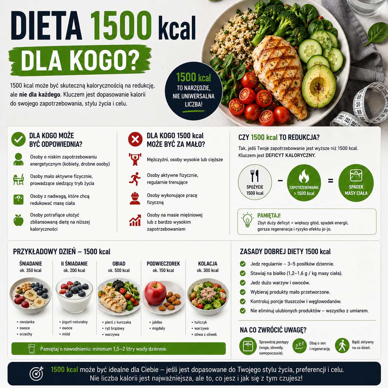 Infografika przedstawiająca dietę 1500 kcal, wyjaśniająca dla kogo może być odpowiednia, dla kogo zbyt niska oraz pokazująca przykładowy jadłospis, deficyt kaloryczny i zasady zdrowej redukcji.