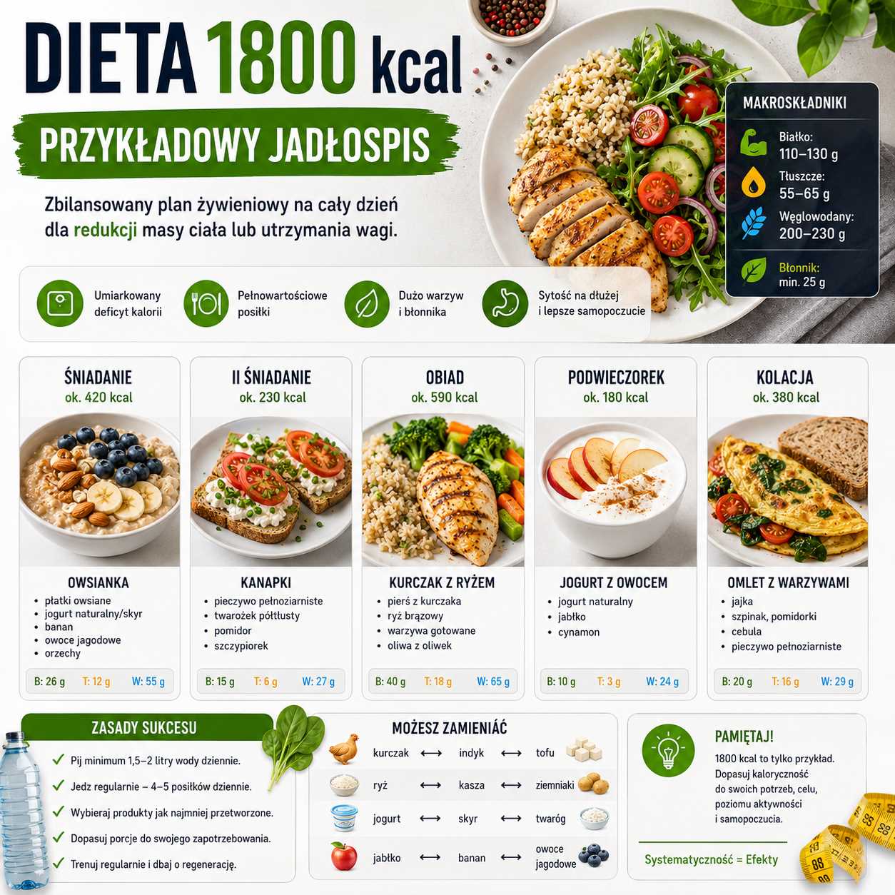 Infografika przedstawiająca dietę 1800 kcal z przykładowym jadłospisem na cały dzień, podziałem na posiłki, makroskładniki, zamienniki produktów oraz zasady zdrowej redukcji i utrzymania masy ciała.