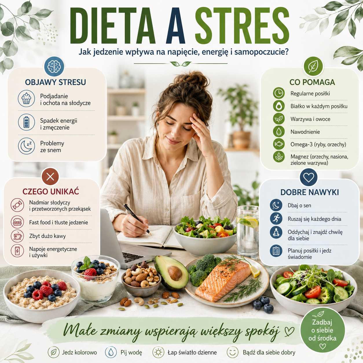 Dieta a stres – kobieta planująca posiłki przy laptopie, zdrowe produkty, sałatka, łosoś, owoce i infografika pokazująca, co pomaga ograniczyć podjadanie, zmęczenie i napięcie.