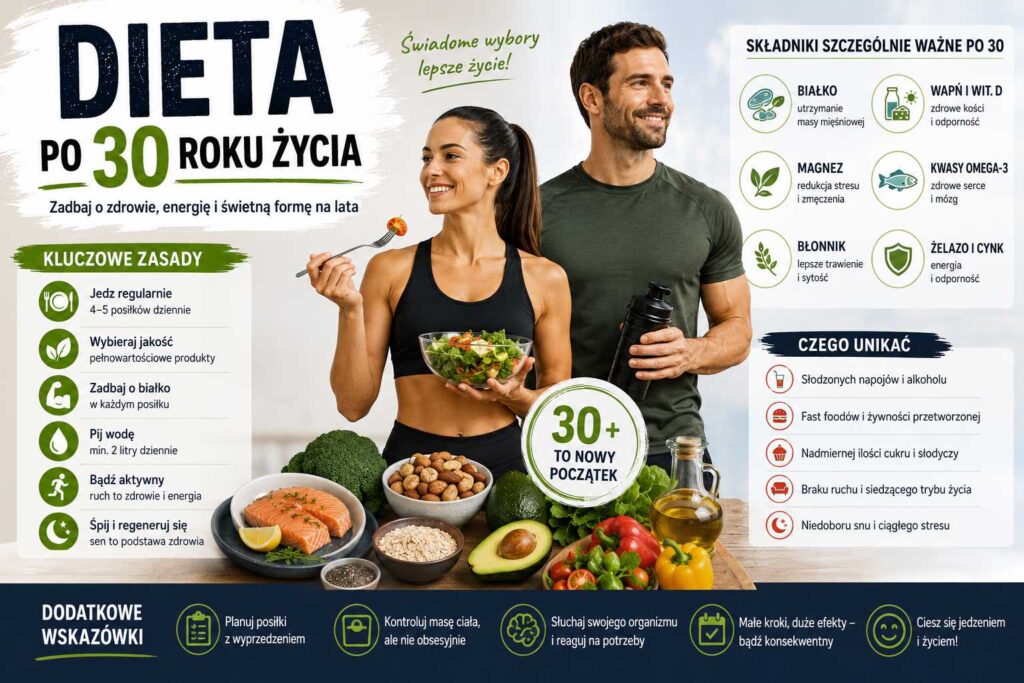 Dieta po 30 roku życia – zdrowe produkty, aktywny styl życia oraz najważniejsze zasady odżywiania wspierające energię, metabolizm i dobrą kondycję po trzydziestce.