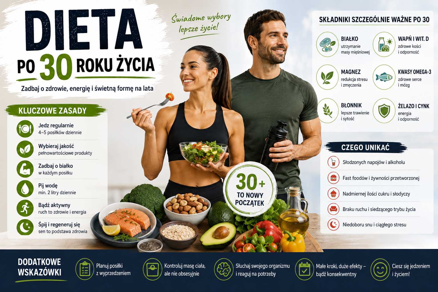 Dieta po 30 roku życia – zdrowe produkty, aktywny styl życia oraz najważniejsze zasady odżywiania wspierające energię, metabolizm i dobrą kondycję po trzydziestce.