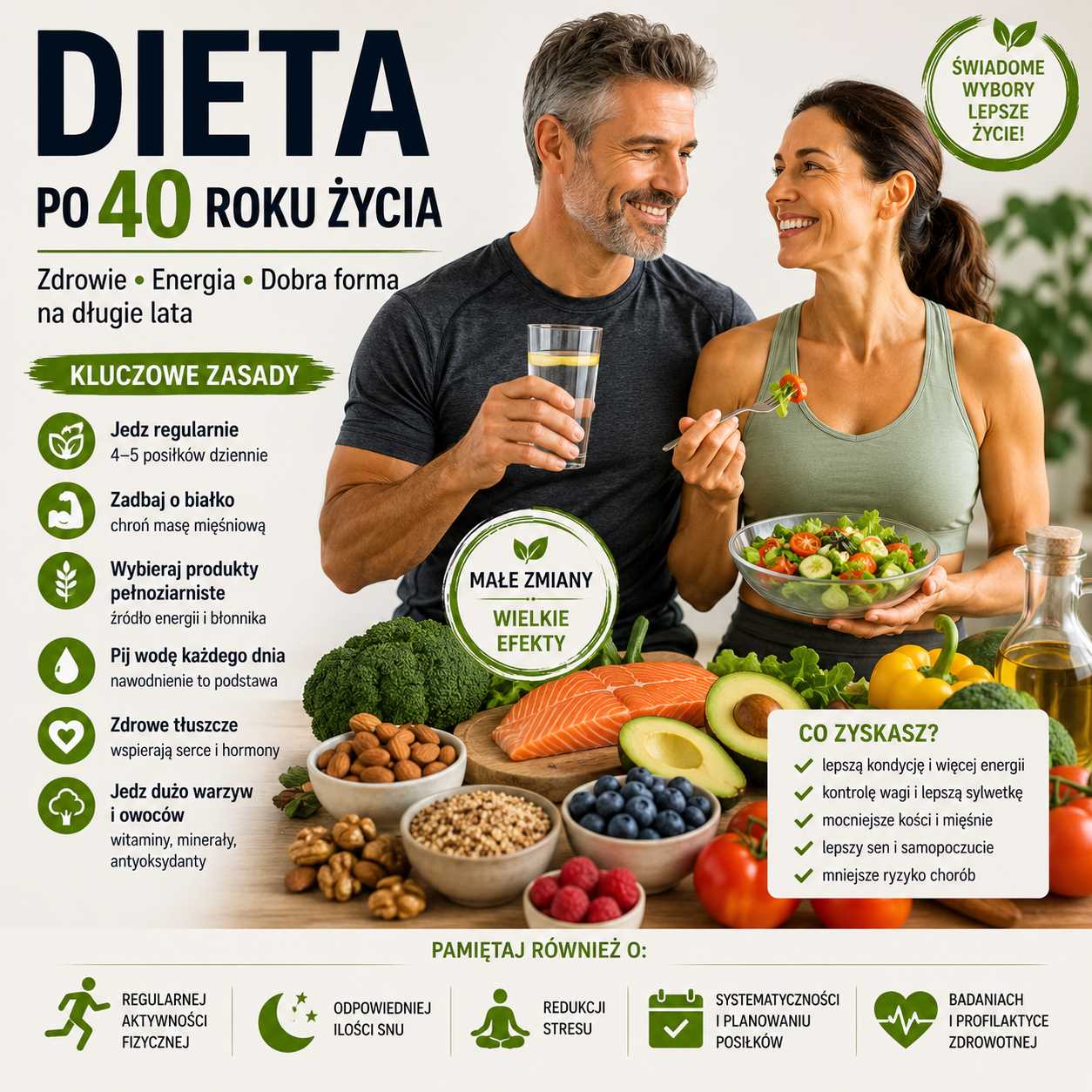 Dieta po 40 roku życia – zdrowe produkty, aktywna para oraz infografika przedstawiająca najważniejsze zasady odżywiania wspierające zdrowie, metabolizm, energię i dobrą kondycję po czterdziestce.