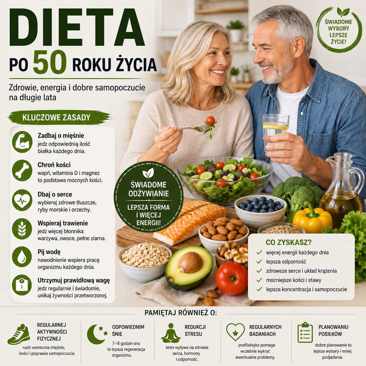 Dieta po 50 roku życia – uśmiechnięta para seniorów, zdrowe produkty, sałatka, łosoś, warzywa, owoce i infografika z zasadami odżywiania wspierającymi zdrowie, energię i sprawność po pięćdziesiątce.