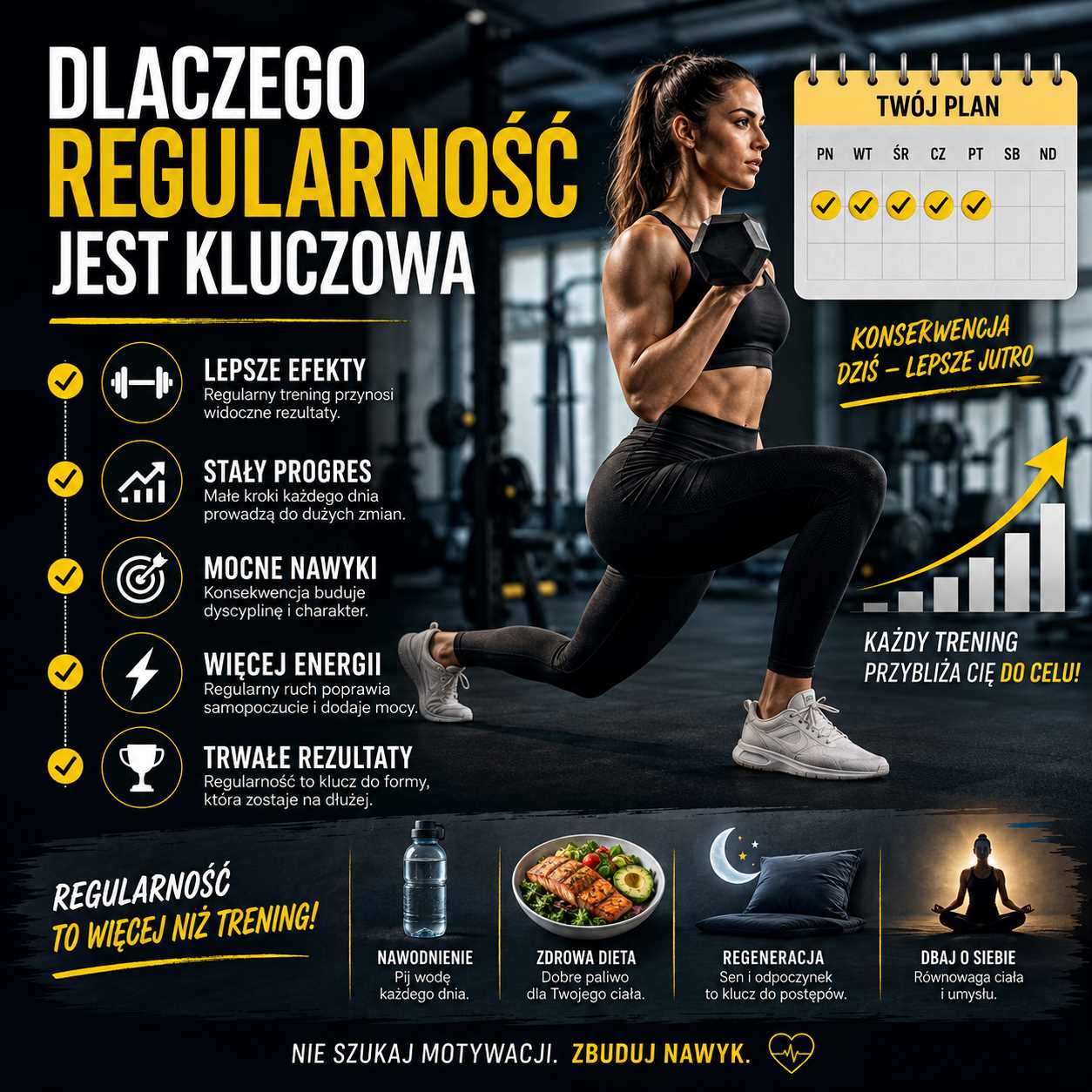 Dlaczego regularność jest kluczowa – kobieta ćwiczy na siłowni z hantlem, a grafika pokazuje plan treningowy, stały progres, zdrowe nawyki i trwałe efekty.