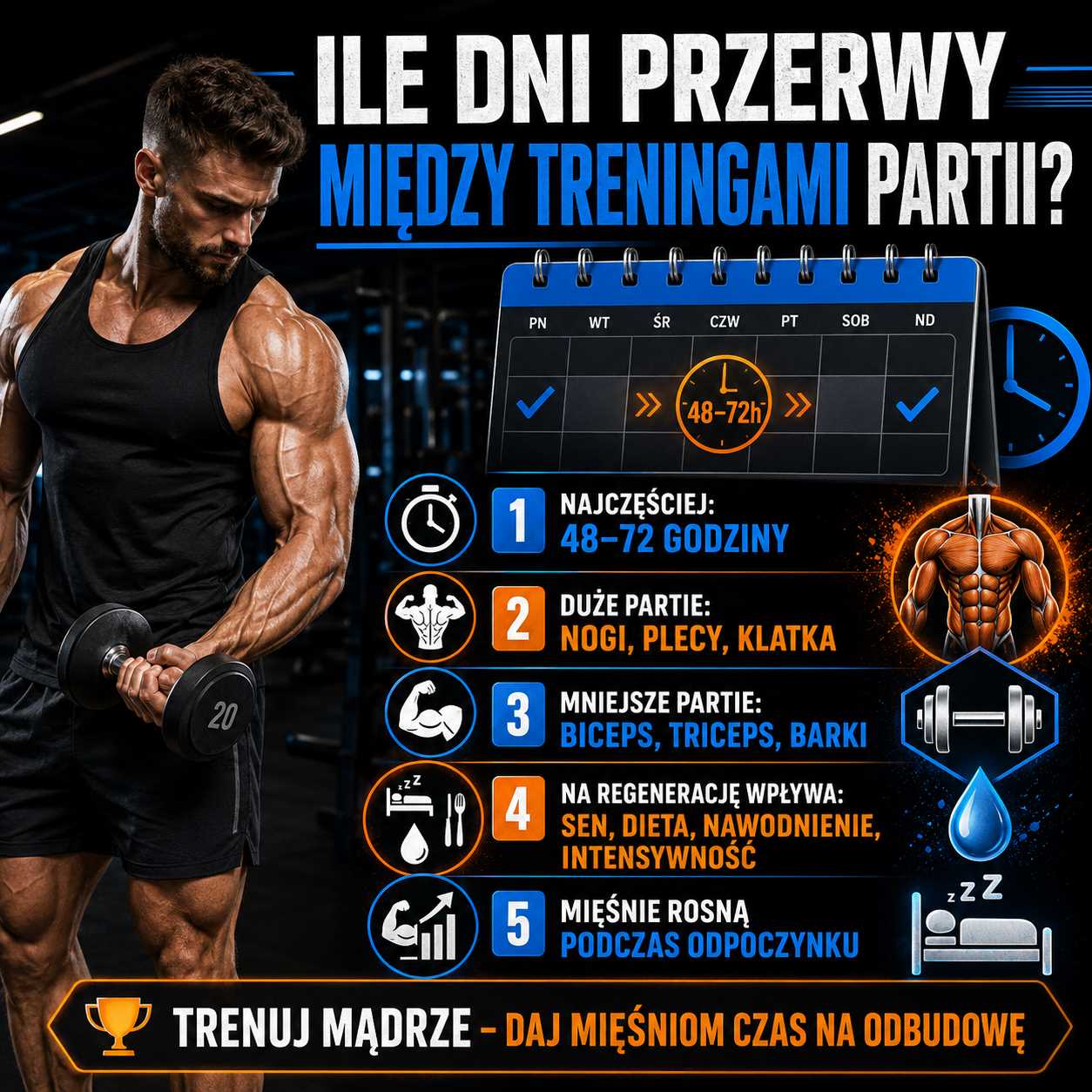 ile dni przerwy między treningami partii, sportowiec na siłowni z hantlem, grafika pokazująca regenerację mięśni, przerwę 48–72 godziny, plan treningowy, sen, dietę i nawodnienie