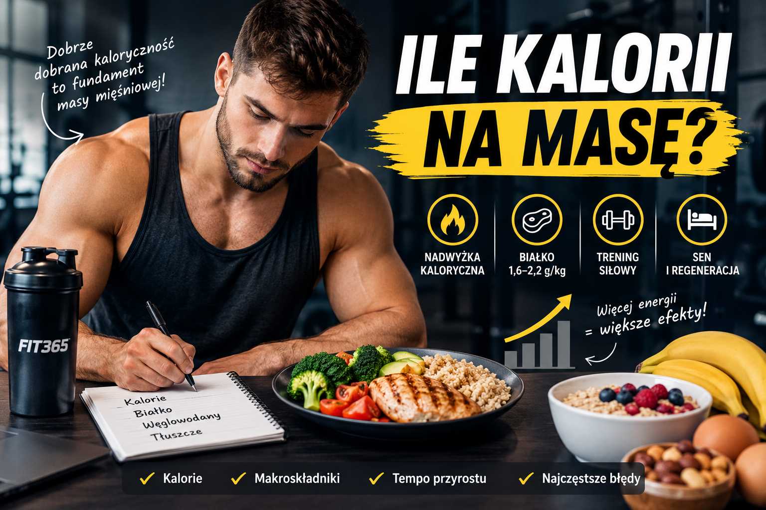 ile kalorii na masę, sportowiec zapisujący plan diety na siłowni, posiłek z białkiem i węglowodanami, grafika o nadwyżce kalorycznej, makroskładnikach, treningu siłowym i budowie mięśni