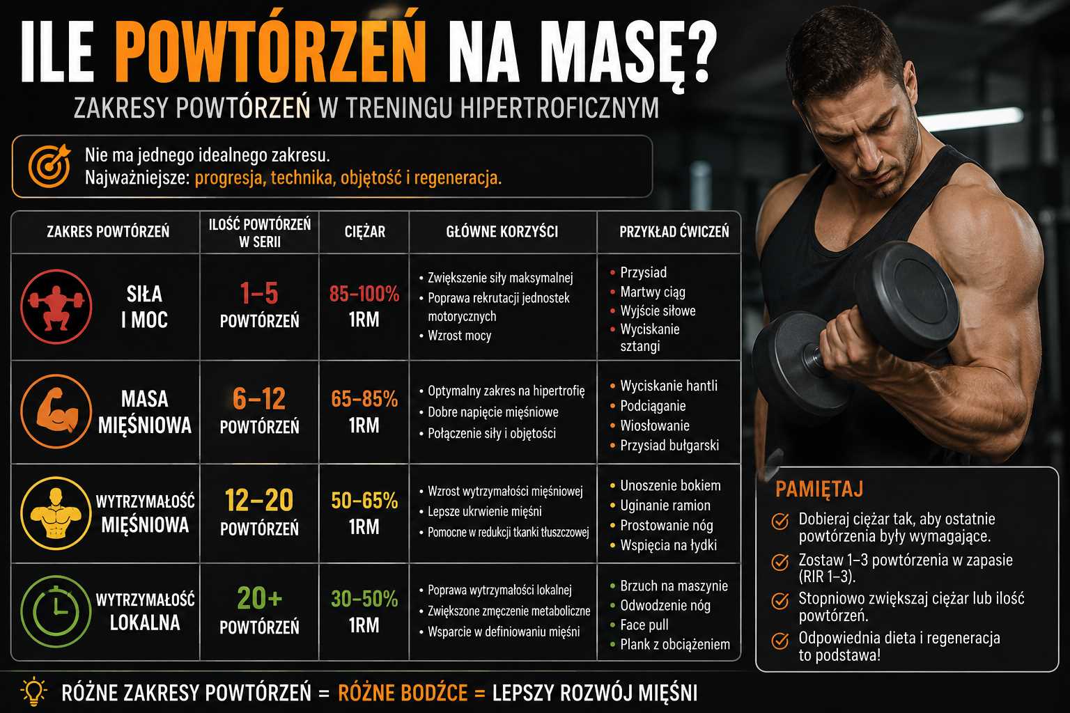Ile powtórzeń na masę – mężczyzna ćwiczy z hantlami, a grafika pokazuje zakresy powtórzeń dla siły, masy mięśniowej, wytrzymałości i progresji treningowej.