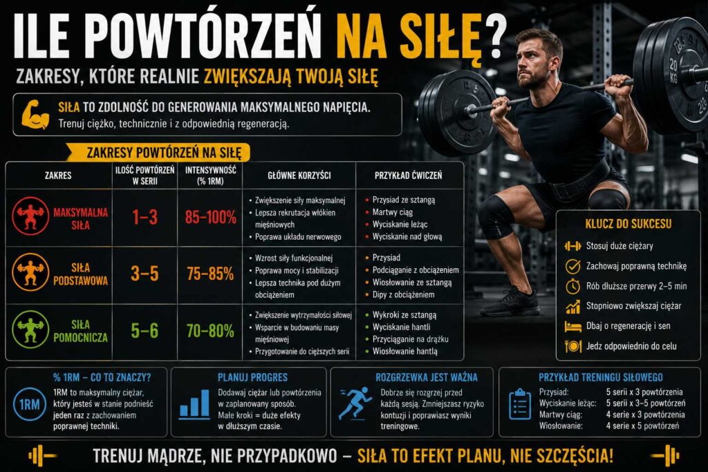 Ile powtórzeń na siłę – mężczyzna wykonuje przysiad ze sztangą, a grafika pokazuje zakresy powtórzeń, intensywność, technikę, progresję i regenerację w treningu siłowym.