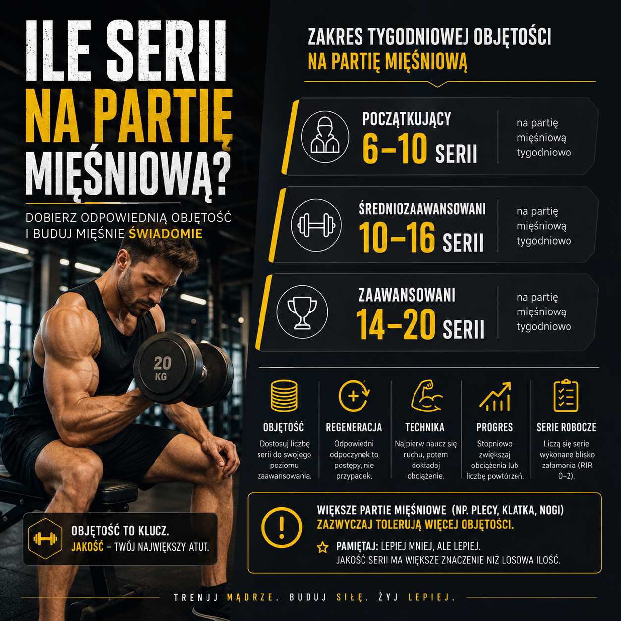 Ile serii na partię mięśniową – mężczyzna ćwiczy z hantlami na siłowni, a grafika pokazuje tygodniową objętość treningową dla początkujących, średniozaawansowanych i zaawansowanych.