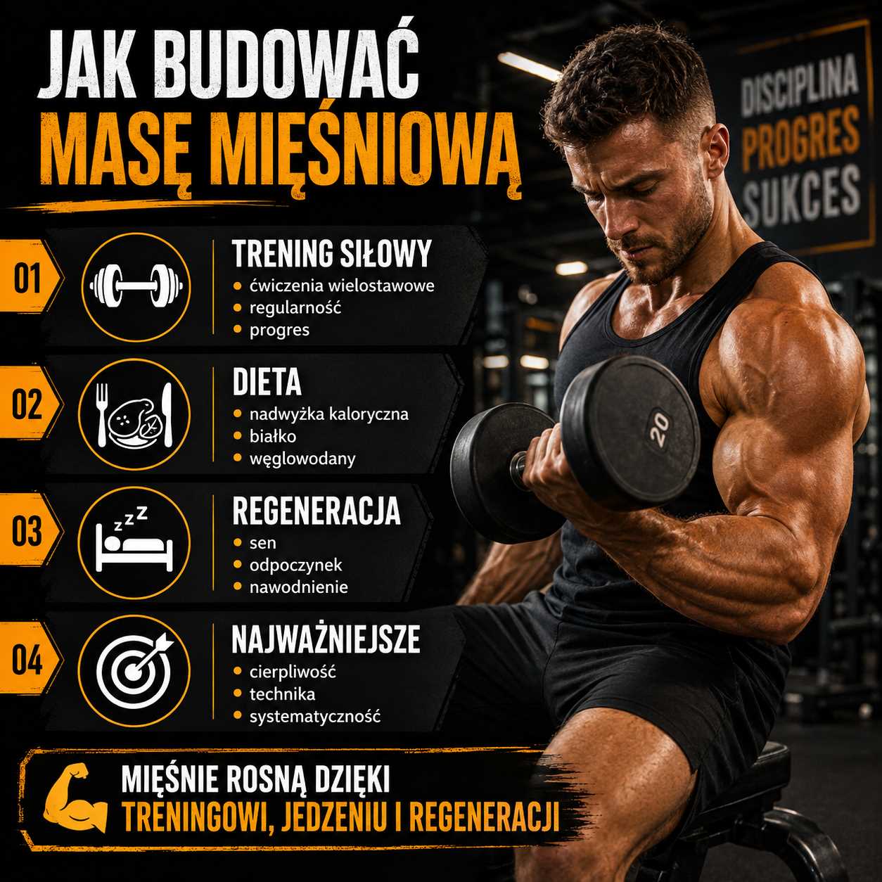 Jak budować masę mięśniową – mężczyzna ćwiczy z hantlami na siłowni, a grafika pokazuje znaczenie treningu siłowego, diety, regeneracji i systematyczności.