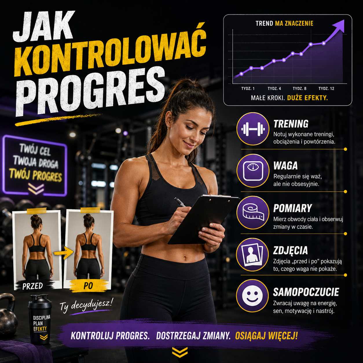 Jak kontrolować progres – kobieta na siłowni zapisuje wyniki treningowe, a grafika pokazuje pomiary, wagę, zdjęcia sylwetki i trend postępów.