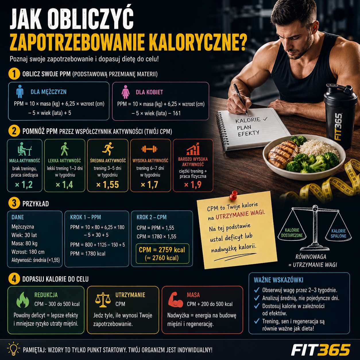 jak obliczyć zapotrzebowanie kaloryczne, sportowiec planujący dietę na siłowni, grafika pokazująca wzory PPM i CPM, współczynnik aktywności, przykład obliczeń kalorii oraz dopasowanie diety do redukcji, utrzymania i masy
