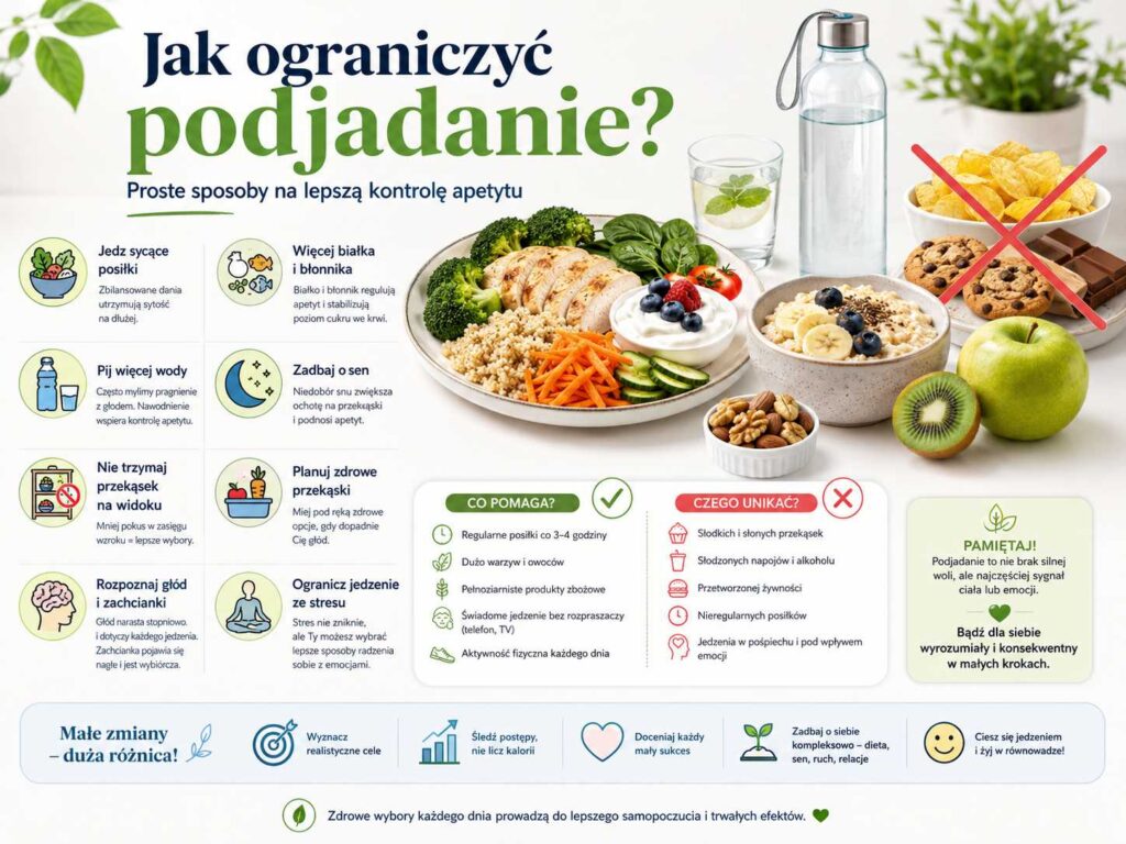 Infografika pokazująca, jak ograniczyć podjadanie poprzez sycące posiłki, większą ilość białka i błonnika, odpowiednie nawodnienie, sen, planowanie zdrowych przekąsek oraz kontrolę zachcianek i stresu.