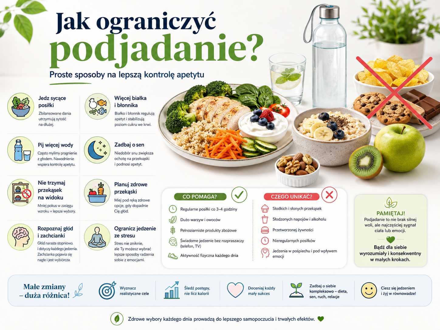 Infografika pokazująca, jak ograniczyć podjadanie poprzez sycące posiłki, większą ilość białka i błonnika, odpowiednie nawodnienie, sen, planowanie zdrowych przekąsek oraz kontrolę zachcianek i stresu.