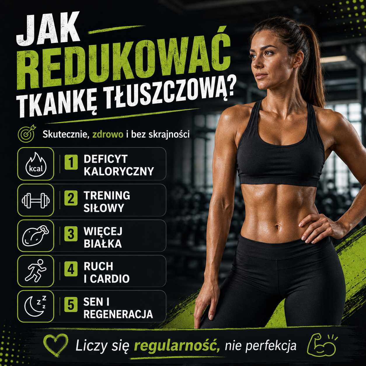 Jak redukować tkankę tłuszczową – kobieta na siłowni, a grafika pokazuje deficyt kaloryczny, trening siłowy, białko, cardio, sen i regenerację.