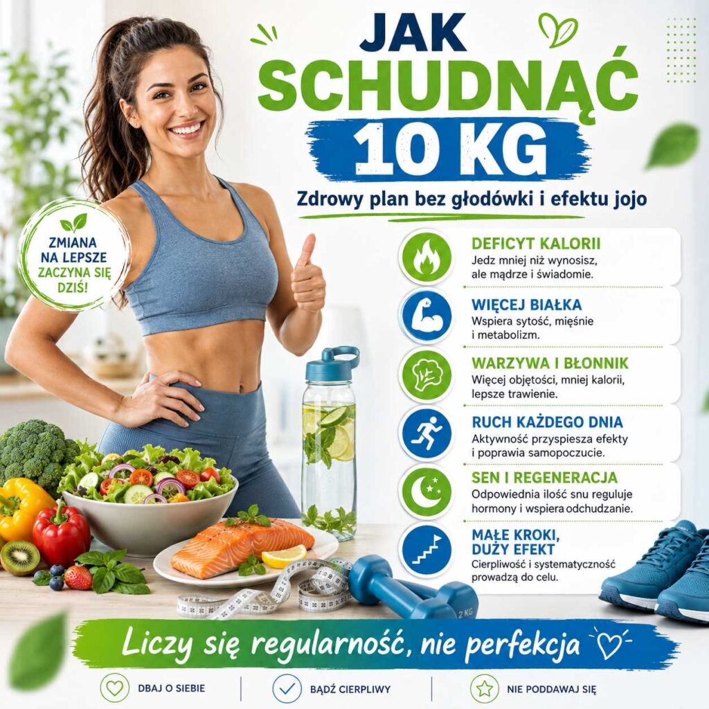 Jak schudnąć 10 kg – infografika ze zdrowym planem redukcji masy ciała, aktywną kobietą, zdrowymi posiłkami, wodą, ruchem i zasadami pomagającymi uniknąć głodówki oraz efektu jojo.
