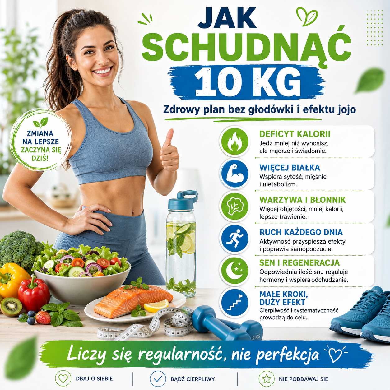 Jak schudnąć 10 kg – infografika ze zdrowym planem redukcji masy ciała, aktywną kobietą, zdrowymi posiłkami, wodą, ruchem i zasadami pomagającymi uniknąć głodówki oraz efektu jojo.