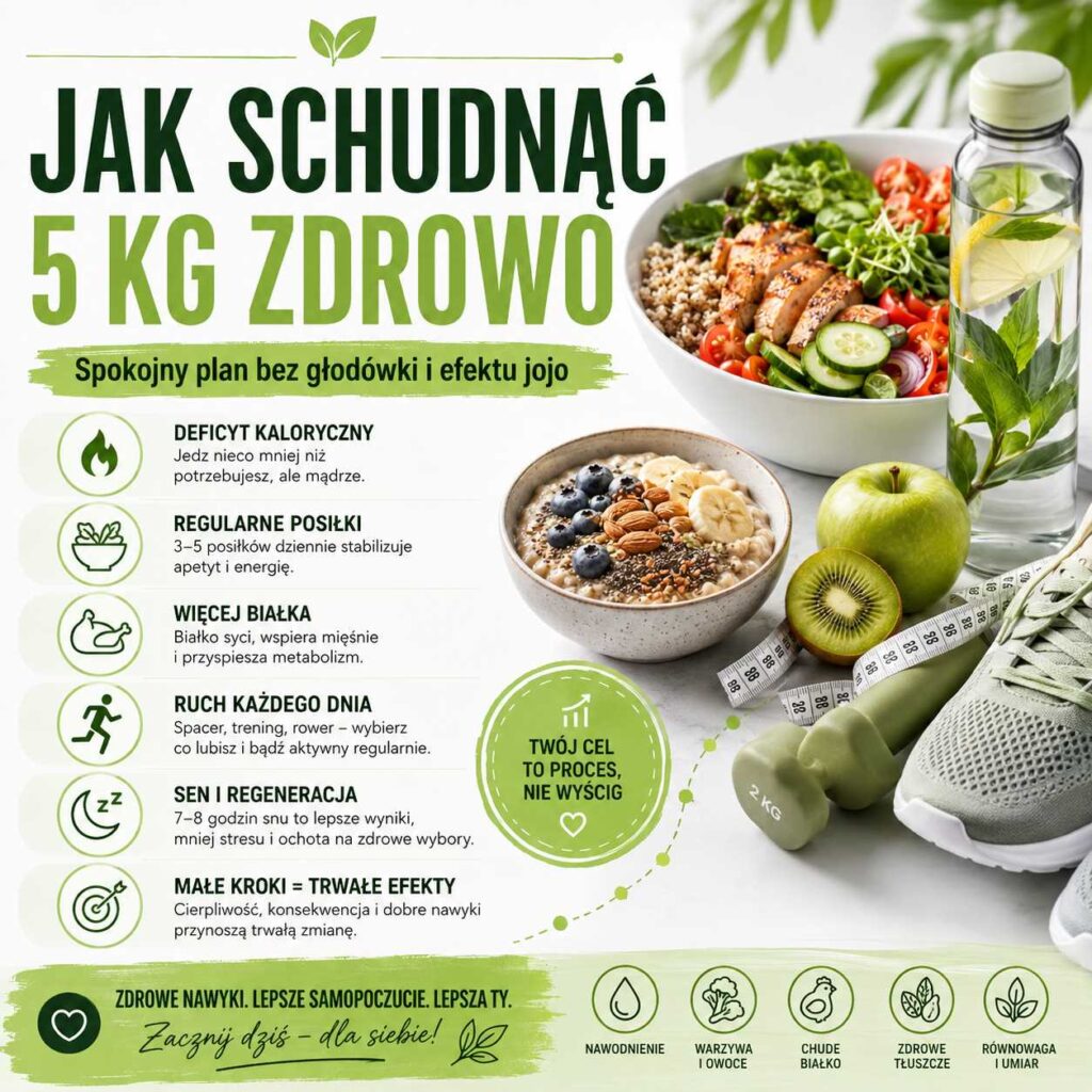 Jak schudnąć 5 kg zdrowo – infografika z planem odchudzania bez głodówki, zdrowymi posiłkami, wodą, aktywnością fizyczną i zasadami pomagającymi uniknąć efektu jojo.