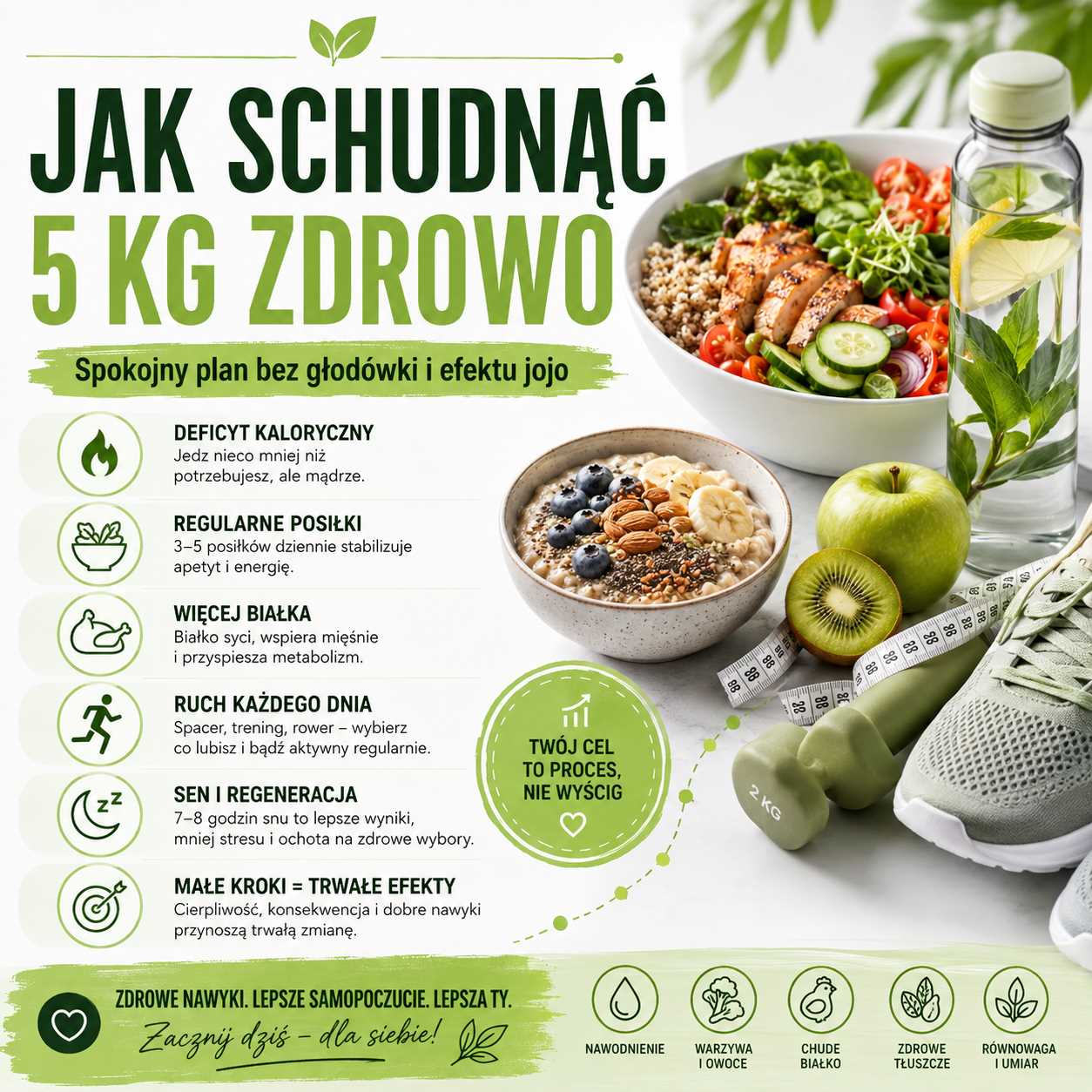 Jak schudnąć 5 kg zdrowo – infografika z planem odchudzania bez głodówki, zdrowymi posiłkami, wodą, aktywnością fizyczną i zasadami pomagającymi uniknąć efektu jojo.
