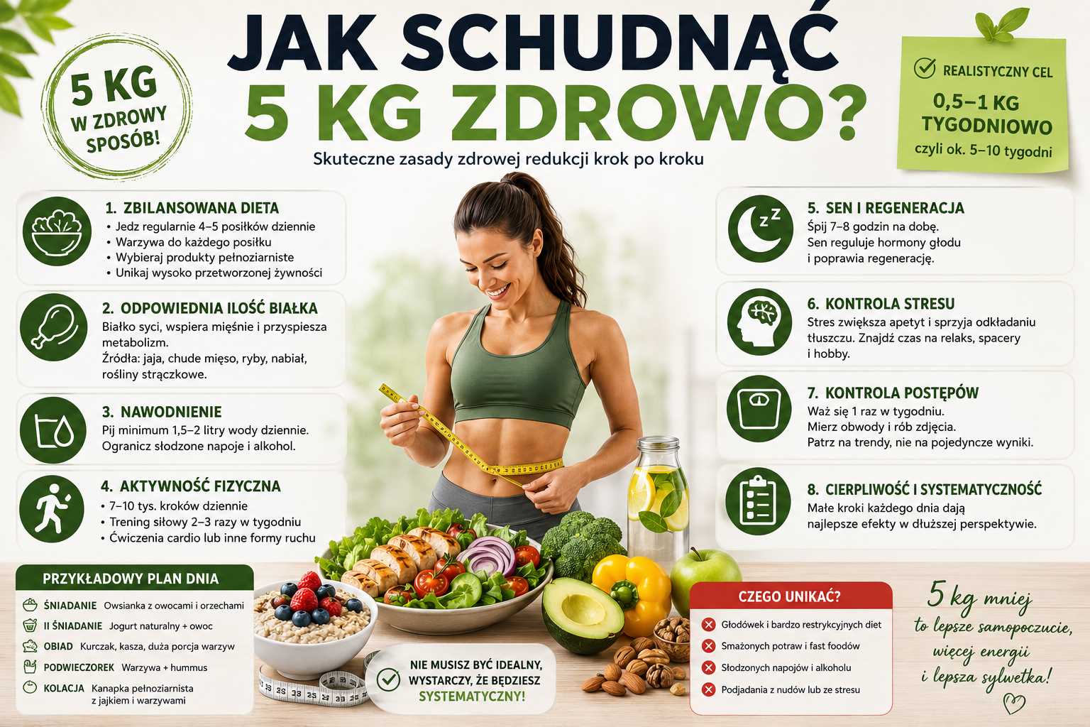 Infografika przedstawiająca, jak schudnąć 5 kg zdrowo, pokazująca zbilansowaną dietę, białko, nawodnienie, aktywność fizyczną, sen, kontrolę stresu i postępów oraz zasady bezpiecznej redukcji.